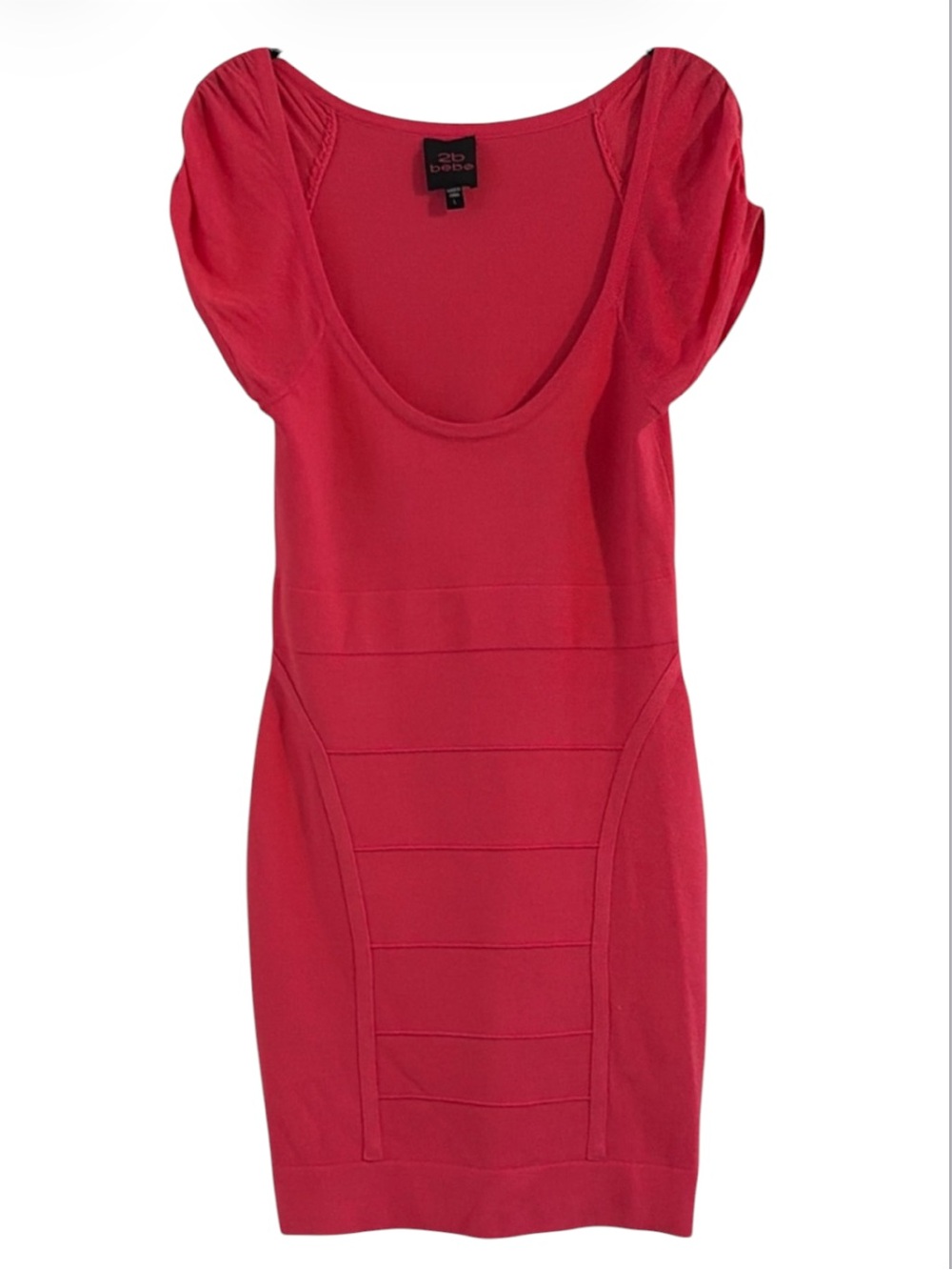 2b Bebe Pop Coral Pink Ruched Bandage Bodycon Mini Dress L